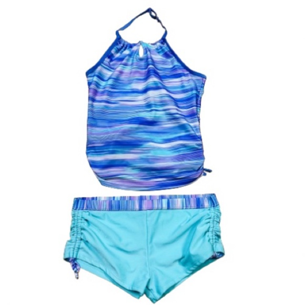 Free Country Blue Crochet Print Halter Tankini Set Girls Size 14